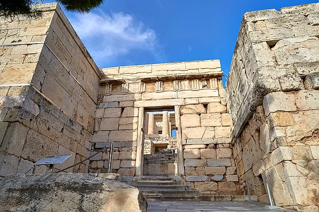 The Beulé Gate, the Roman-era entrance at the foot of the Acropolis ramp, built of marble blocks